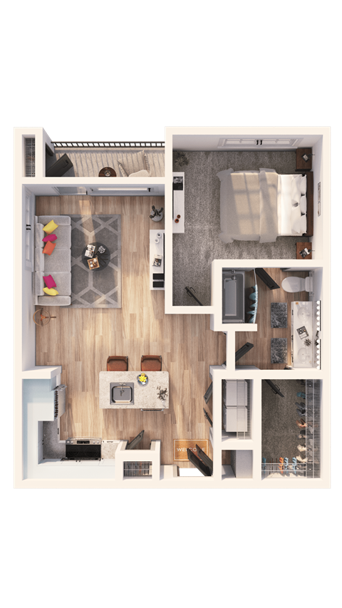 Floor plan for 1 bed, 1 bath, 783 sqft